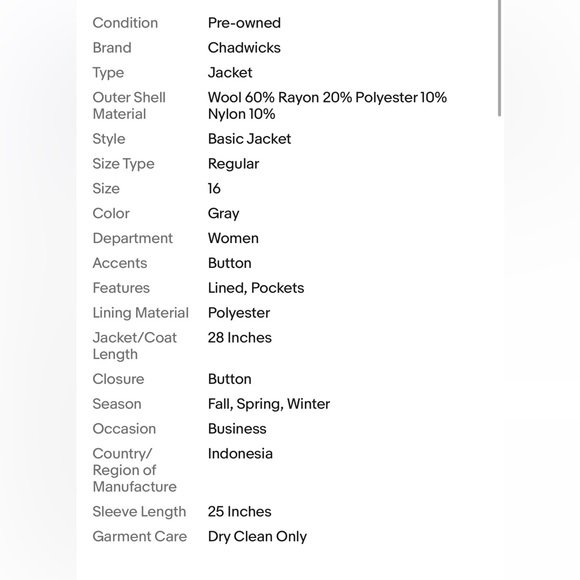 chadwicks Women’s Gray wool blend lined pockets blazer jacket size 16. - Picture 10 of 12